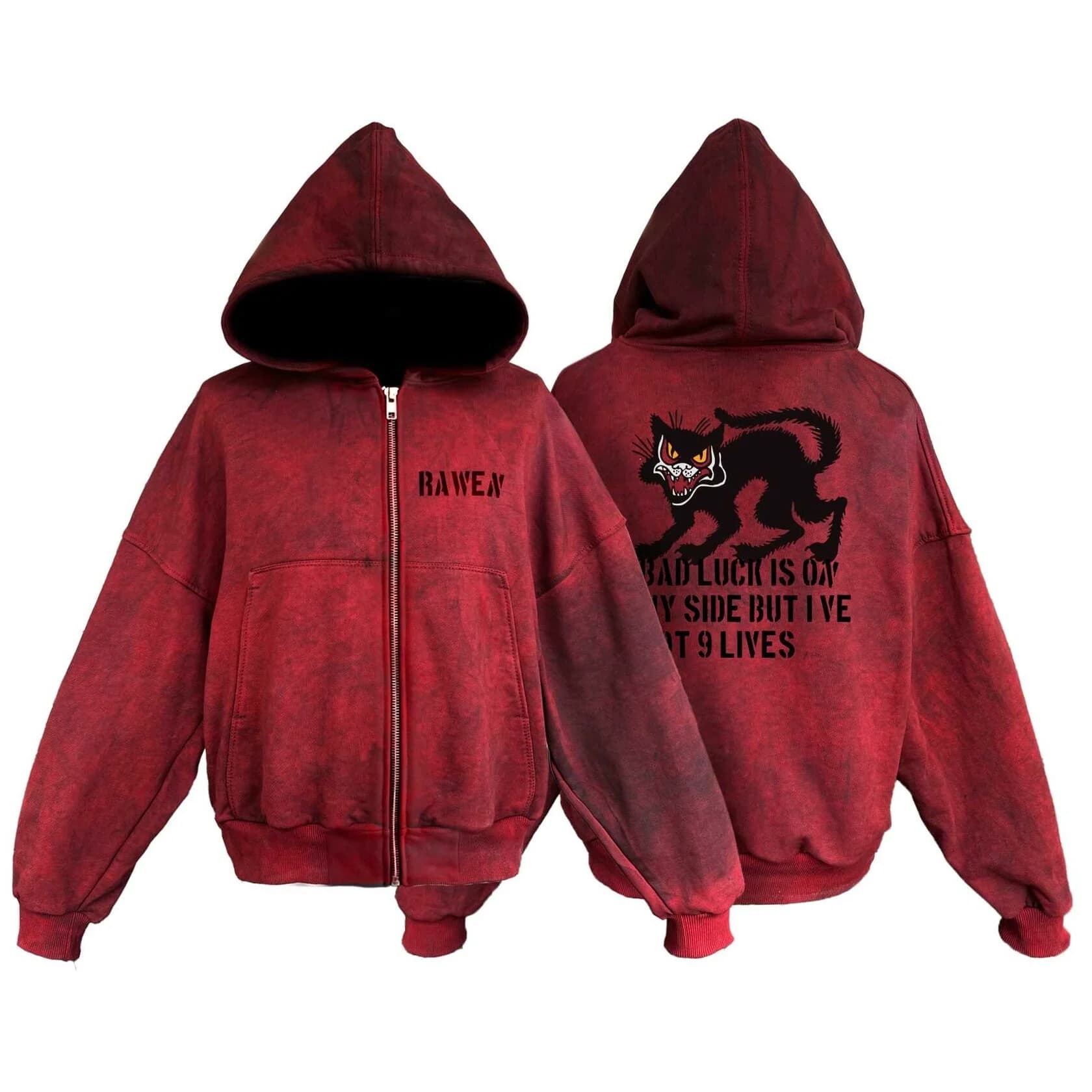 Zip Hoodie "9 Lives" Cold Wash Oil Red